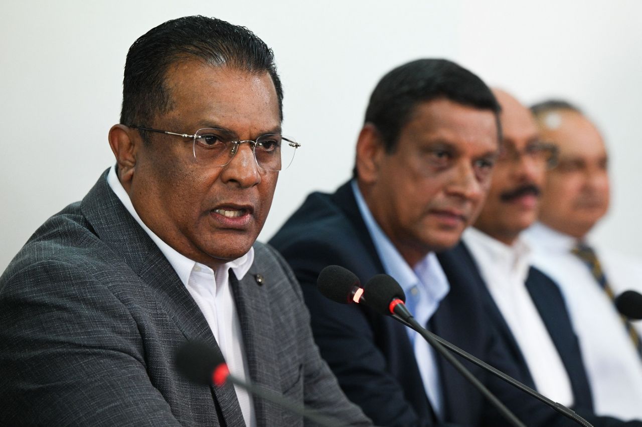 SLC president Shammi Silva speaks to the media, Colombo, November 22, 2023