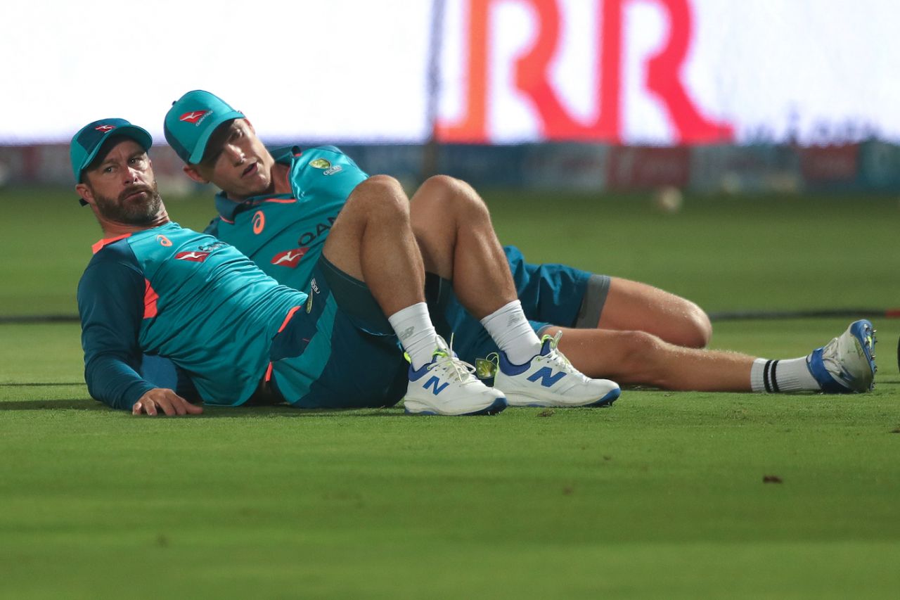Matthew Wade, the Australia captain, and Nathan Ellis have a stretch, India vs Australia, 1st men's T20I, Visakhapatnam, November 23, 2023