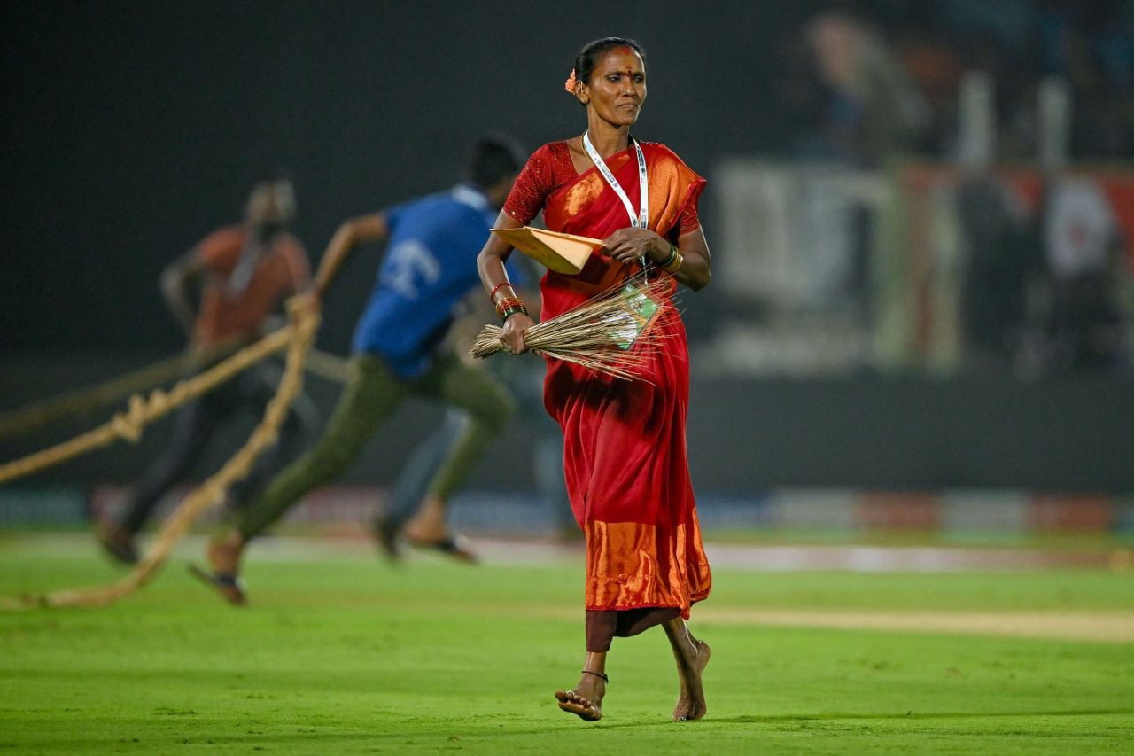 A member of the ground staff in Visakhapatnam during the mid-innings break, India vs Australia, 1st men's T20I, Visakhapatnam, November 23, 2023