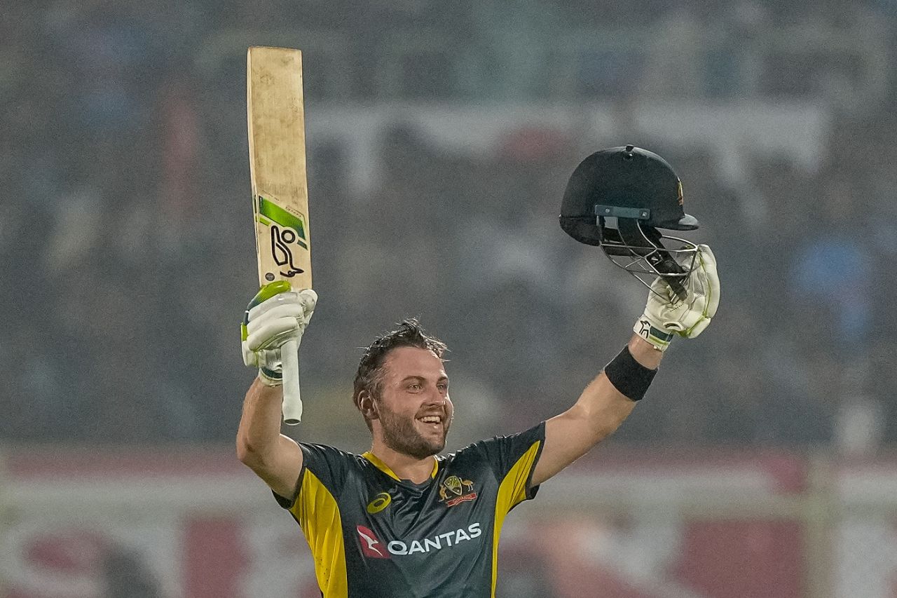 Josh Inglis celebrates his maiden T20I hundred, India vs Australia, 1st men's T20I, Visakhapatnam, November 23, 2023