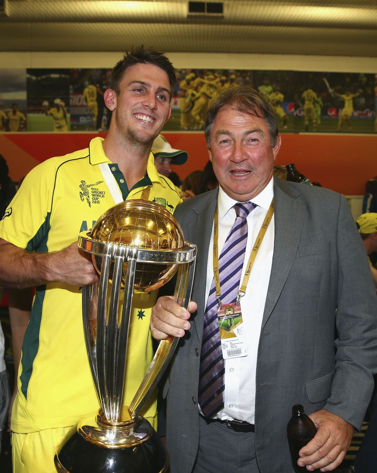 Mitch Marsh celebrates Australia's World Cup win with his father, Geoff Marsh Australia v New Zealand, World Cup 2015, final, Melbourne, March 29, 2015