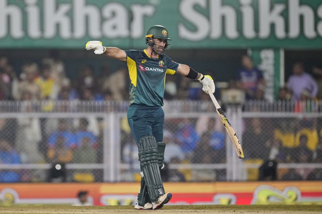 Glenn Maxwell brings out the aeroplane celebration after reaching his fifty, India vs Australia, 3rd T20I, Guwahati, November 28, 2023