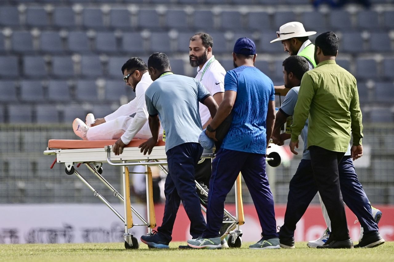 Zakir Hasan is stretchered off after being hit by the ball at close quarters, Bangladesh vs New Zealand, 1st Test, second day, Sylhet, November 29, 2023