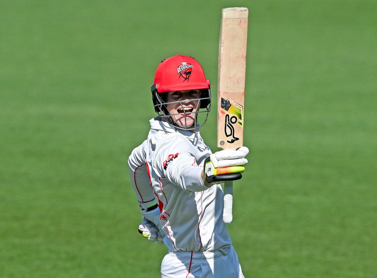 Jake Fraser-McGurk celebrates his maiden first-class hundred, South Australia vs Victoria, Sheffield Shield, Adelaide Oval, November 29, 2023