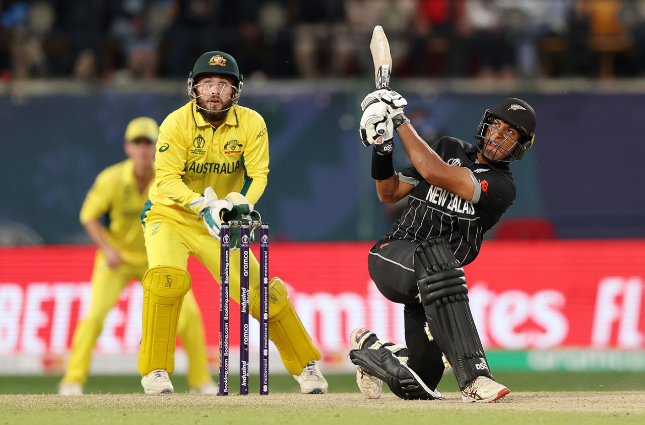 Rachin Ravindra slogs, Australia vs New Zealand, World Cup 2023, Dharamsala, October 28, 2023