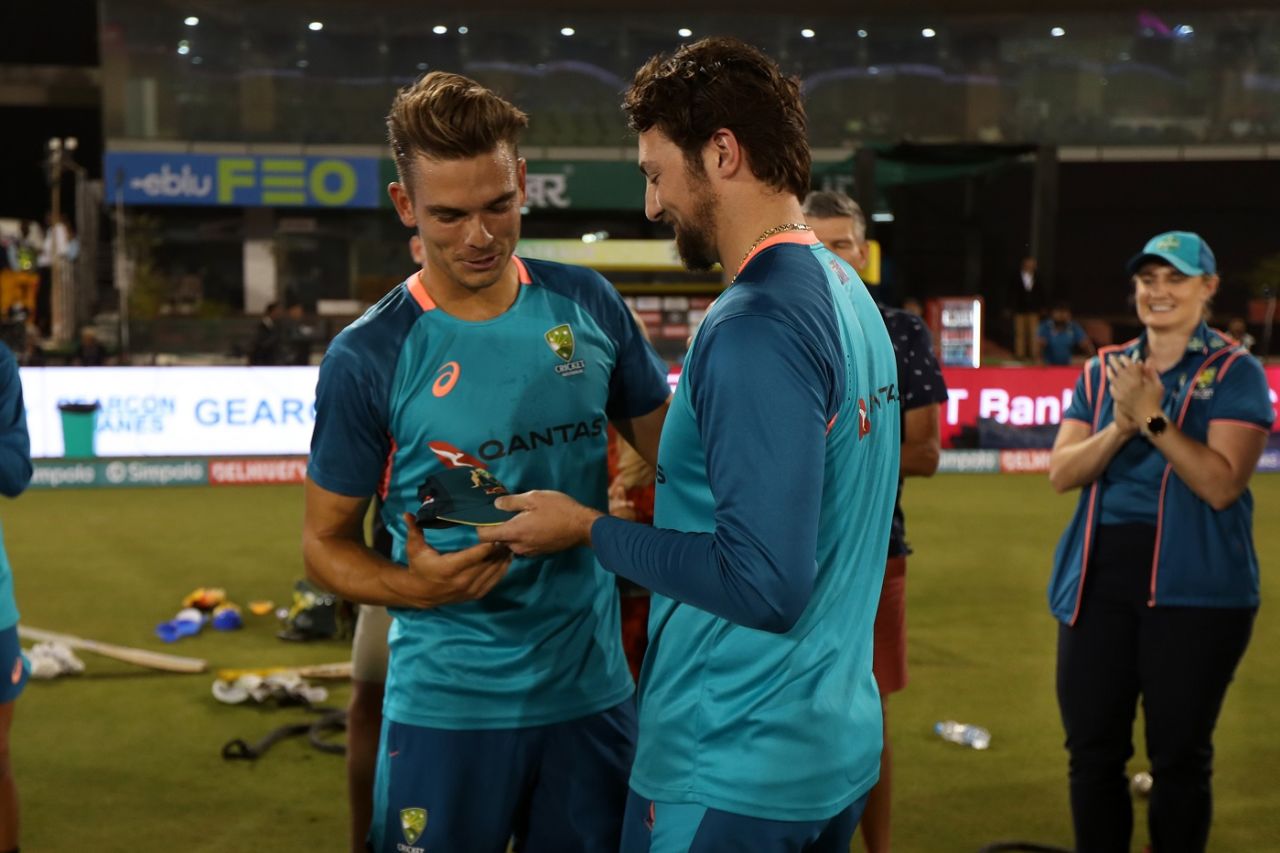Chris Green gets his debut cap from Tim David, India vs Australia, 4th T20I, Raipur, December 1, 2023
