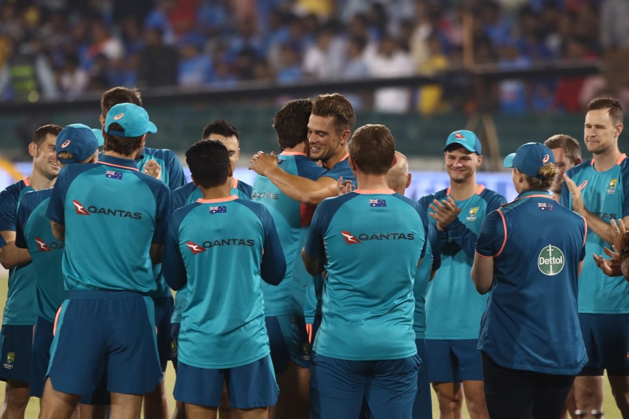 Chris Green gets a hug at his cap presentation, India vs Australia, 4th T20I, Raipur, December 1, 2023