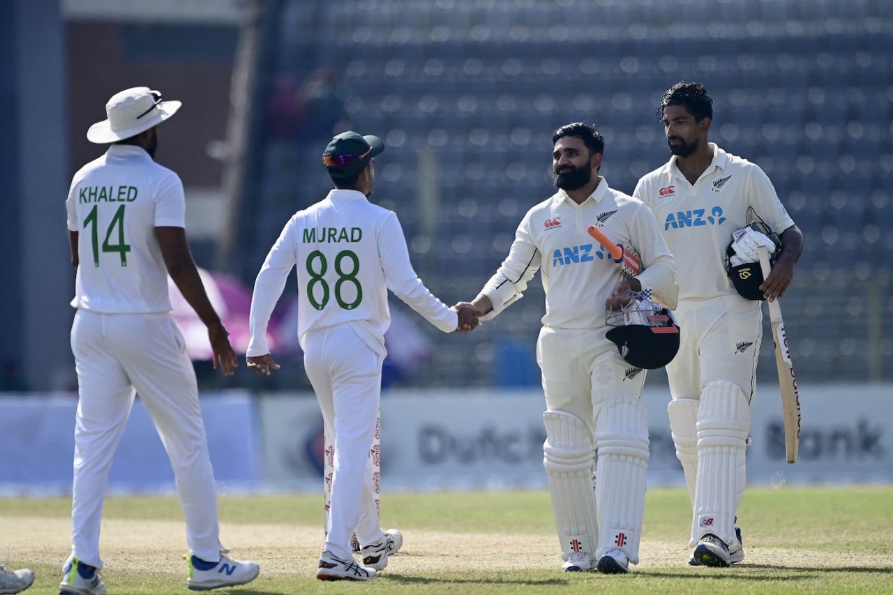 Ajaz Patel and Ish Sodhi shake hands with Hasan Murad and Khaled Ahmed after the game, Bangladesh vs New Zealand, 1st Test, fifth day, Sylhet, December 2, 2023