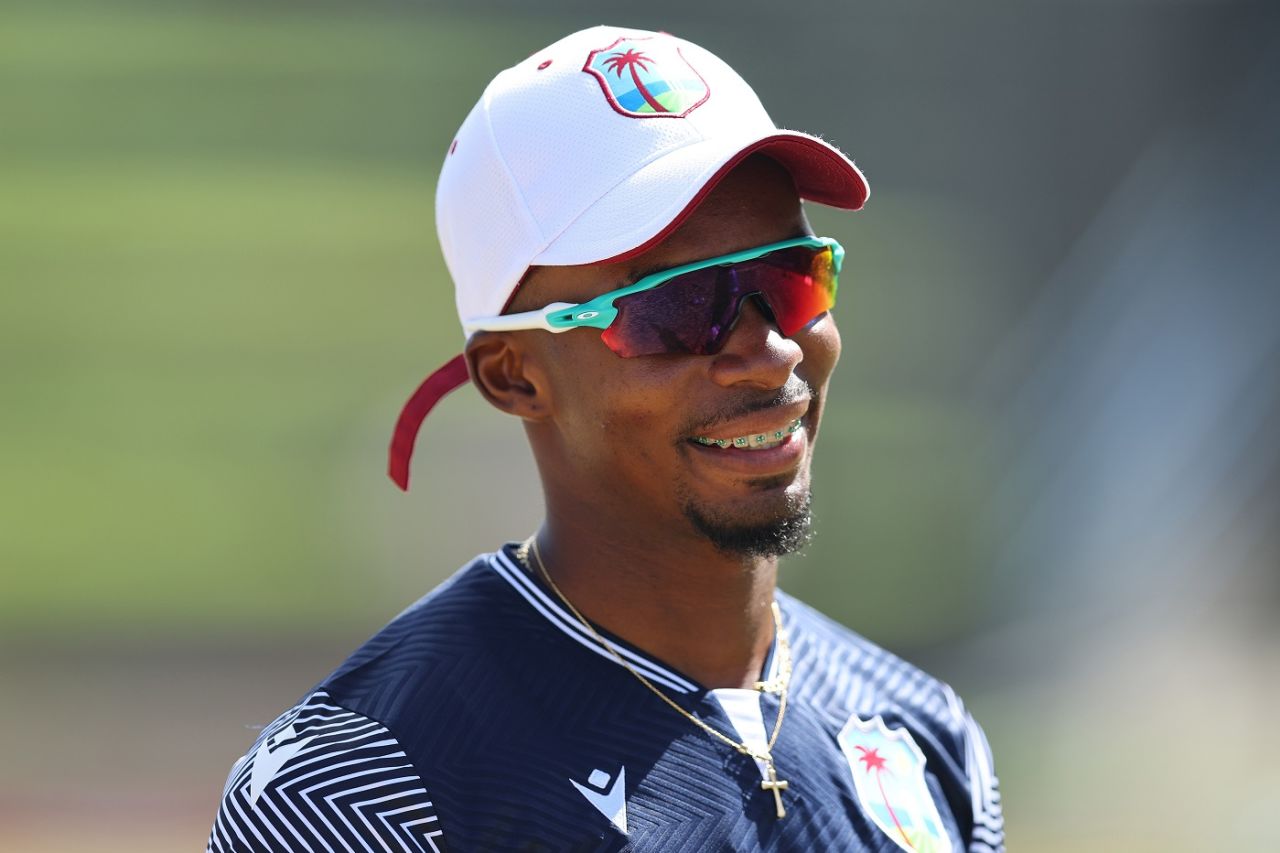 Alick Athanaze finds a reason to smile during West Indies' training session, North Sound, December 2, 2023
