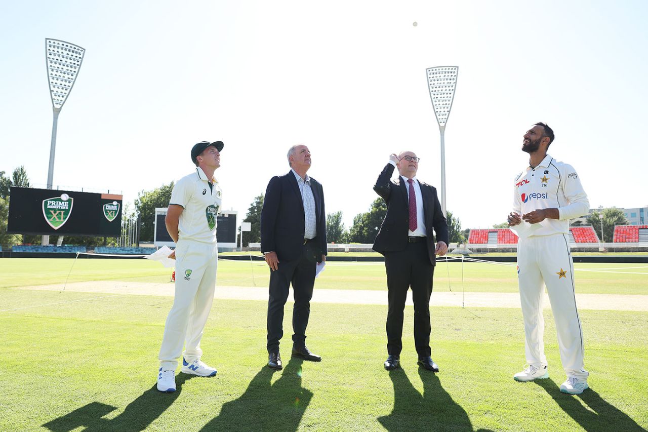 Australia Prime Minister Anthony Albanese tosses the coin alongside Nathan McSweeney and Shan Masood, Prime Minister's XI vs Pakistan, Tour match, Canberra, December 6, 2023
