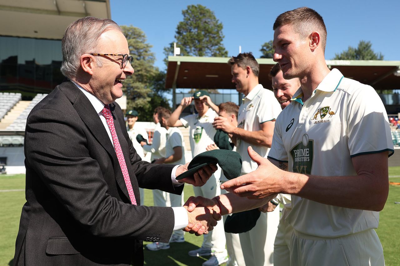 Australia Prime Minister Anthony Albanese presented players with caps, Prime Minister's XI vs Pakistan, Tour match, Canberra, December 6, 2023