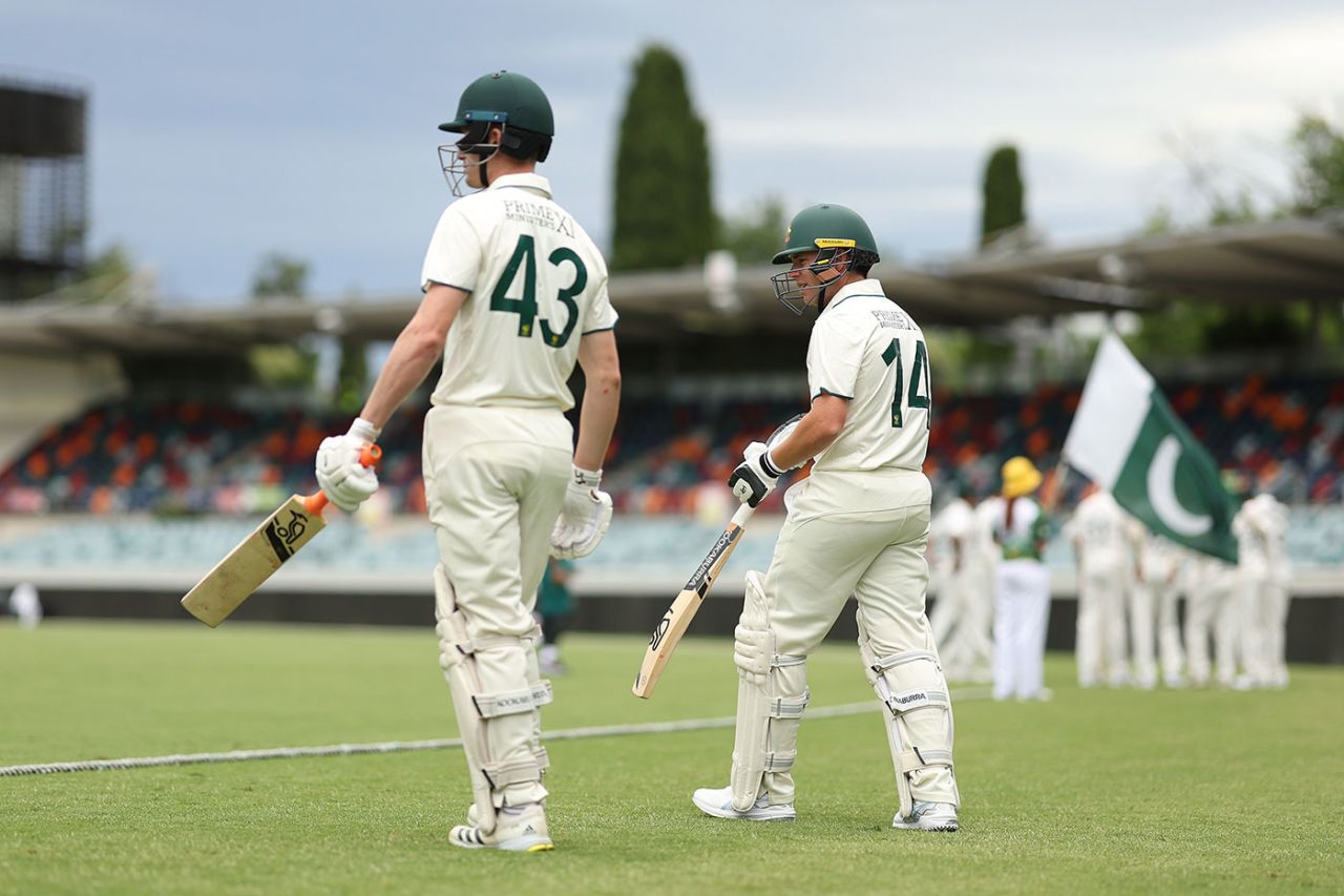 Cameron Bancroft and Marcus Harris prepare to head out, Prime Minister's XI vs Pakistan, Tour match, Canberra, December 7, 2023