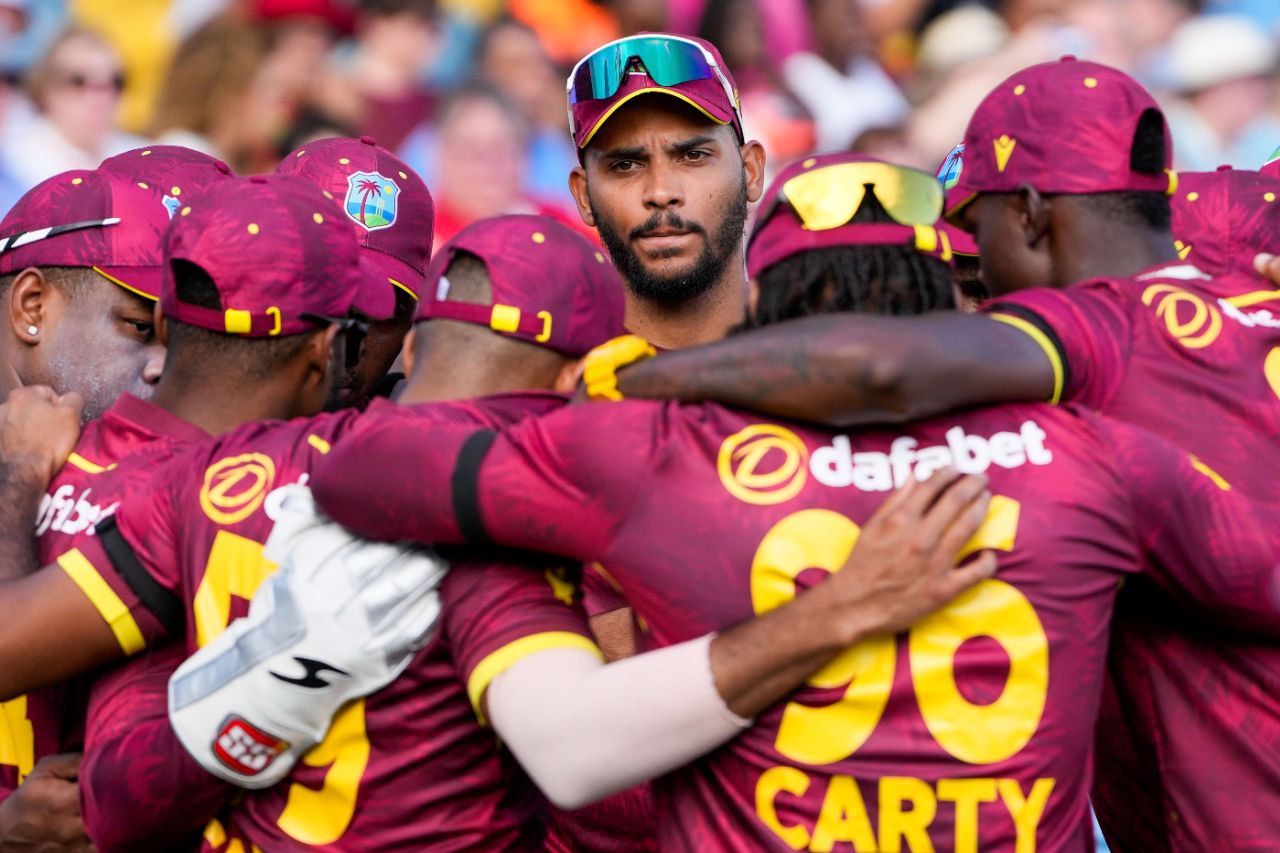 Brandon King joins West Indies' huddle ahead of the third ODI, West Indies vs England, 3rd ODI, Barbados, December 9, 2023