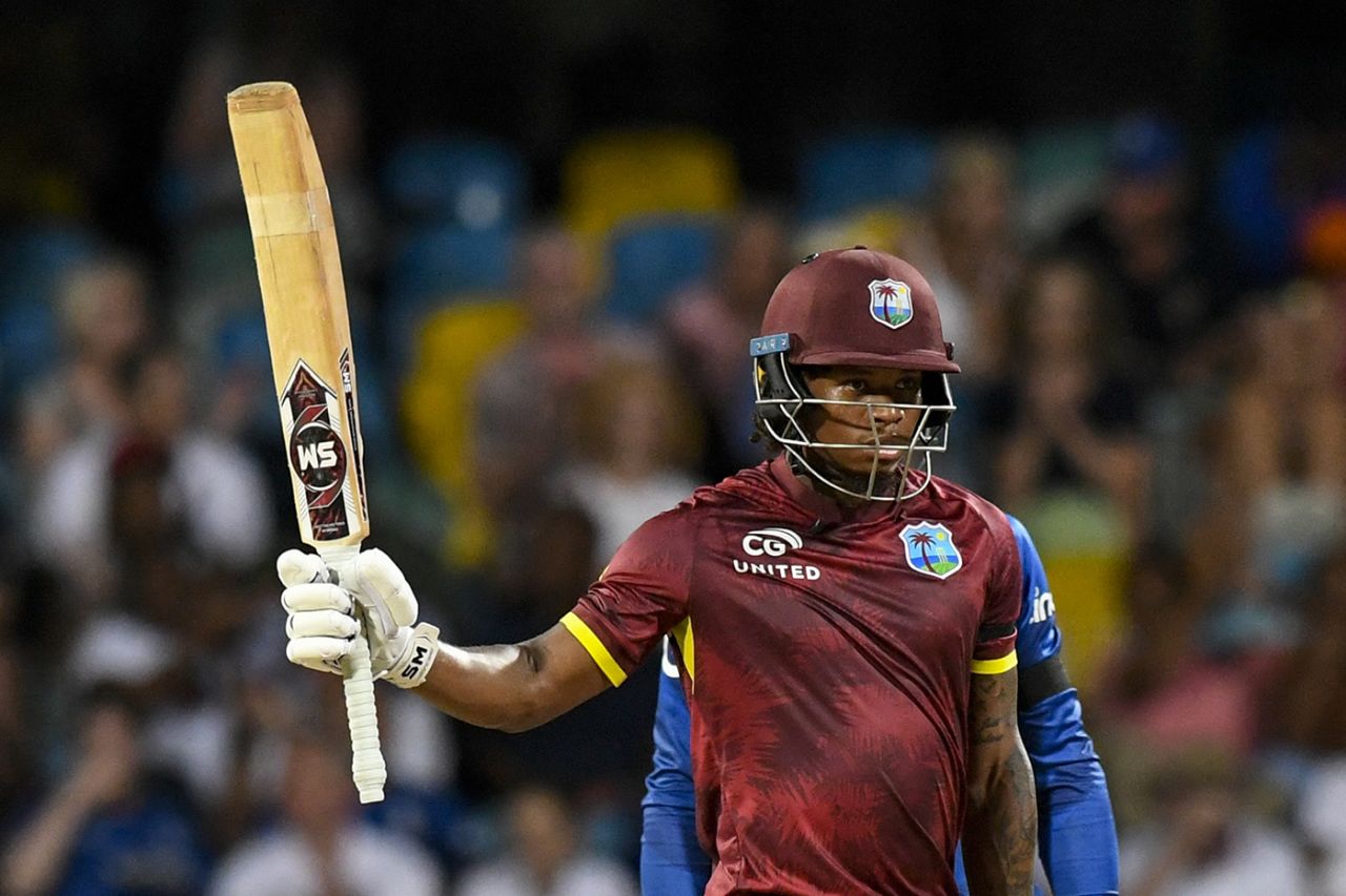 Keacy Carty acknowledges his half-century, West Indies vs England, 3rd ODI, Barbados, December 9, 2023