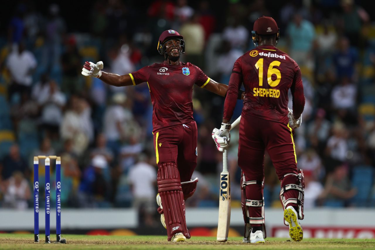 Matthew Forde celebrates as Romario Shepherd seals the series for West Indies, West Indies vs England, 3rd ODI, Barbados, December 9, 2023