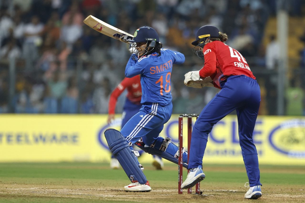 Smriti Mandhana was off with a finely-placed cut shot, India vs England, 3rd T20I, Wankhede Stadium, Mumbai, December 10, 2023