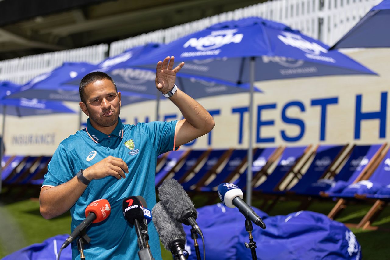 Usman Khawaja speaks to the media ahead of the opening Test of the season, Optus Stadium, Perth, December 11, 2023