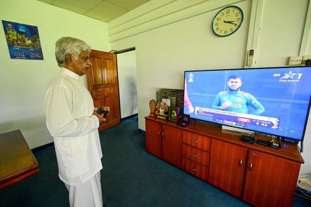Interim cricket board chairman Arjuna Ranatunga watches the 2023 World Cup match between Sri Lanka and Bangladesh at the SLC office, Colombo, November 6, 2023. 
