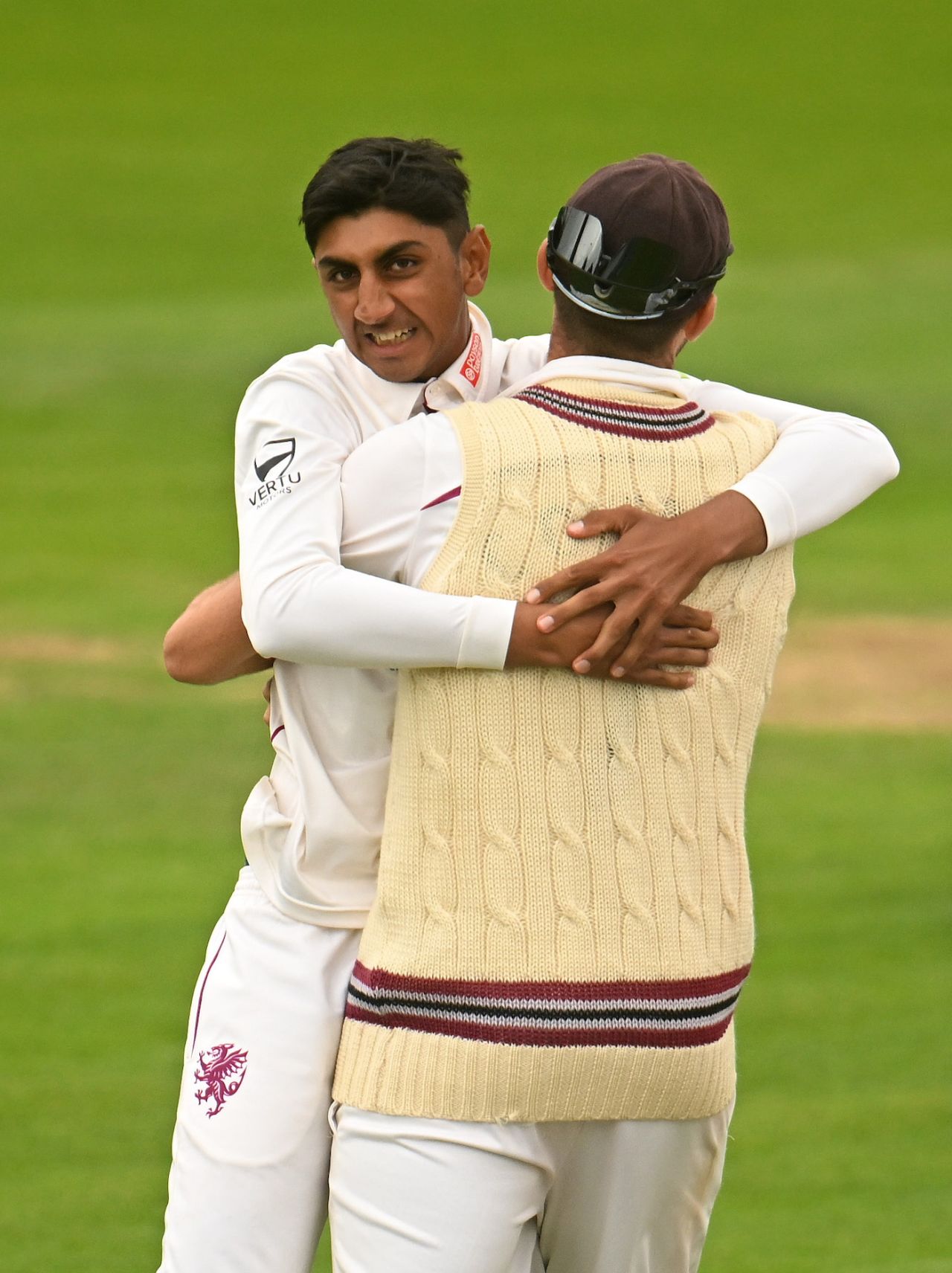 Shoaib Bashir of Somerset celebrates the wicket of Tom Latham of Surrey, Taunton, July 26, 2023