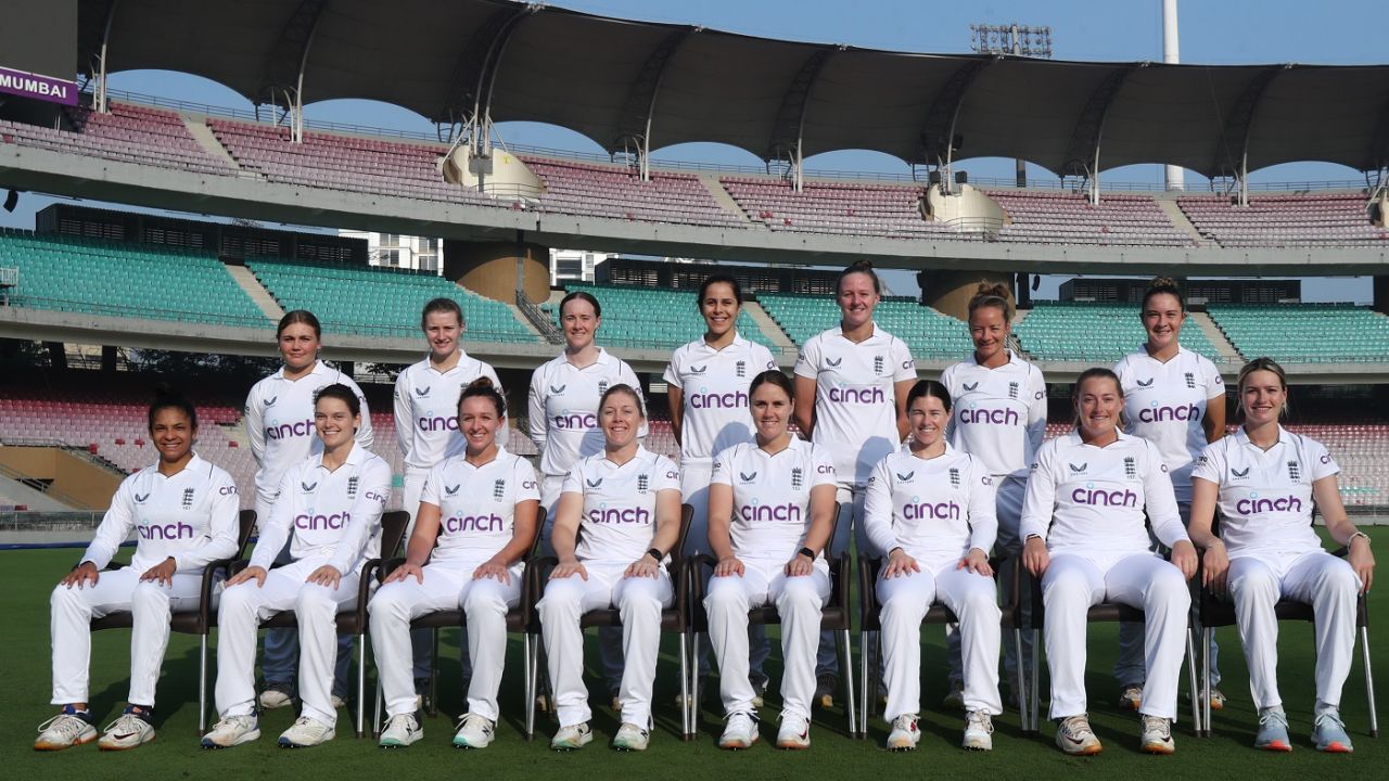 England players pose for a photograph ahead of the one-off Test against India, India vs England, Women's Test, Mumbai, December 12, 2023
