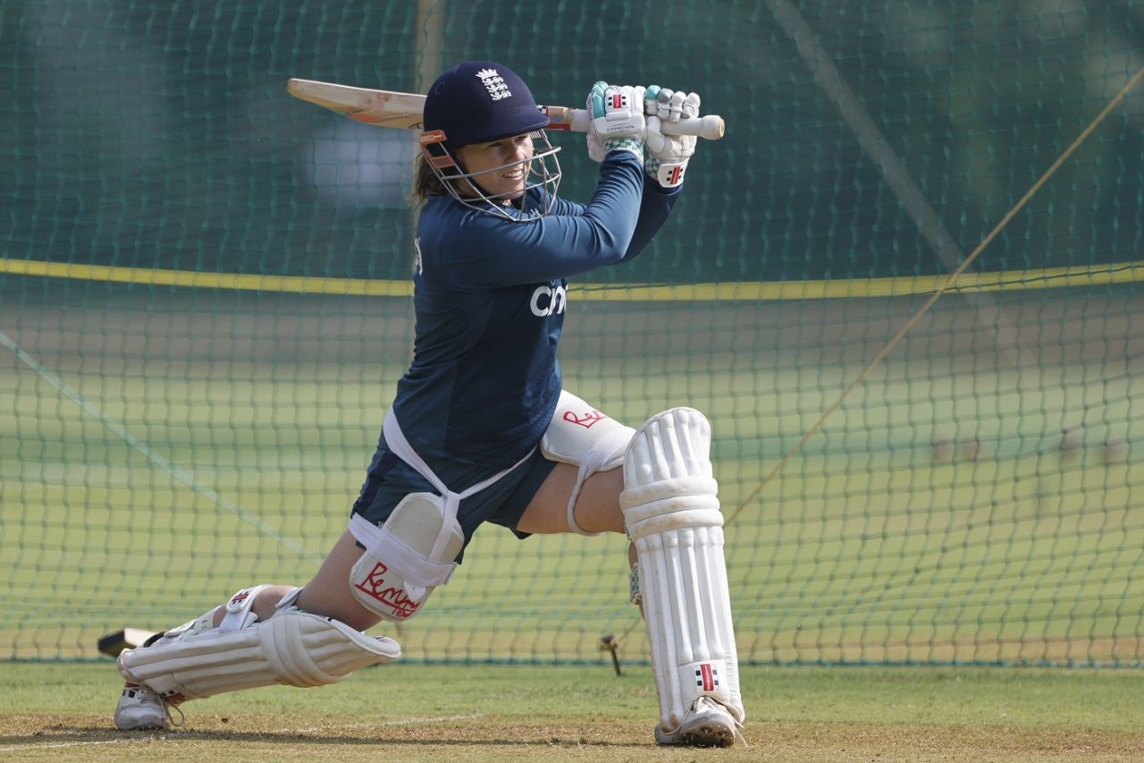 Tammy Beaumont has a hit in the nets, India vs England, Women's Test, Mumbai, December 12, 2023