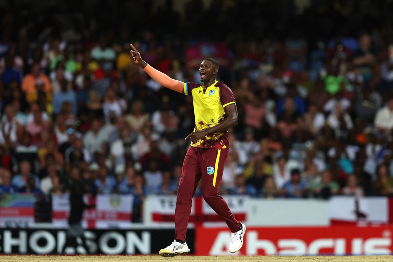 Jason Holder celebrates a breakthrough, West Indies vs England, 1st T20I, Bridgetown, December 12, 2023
