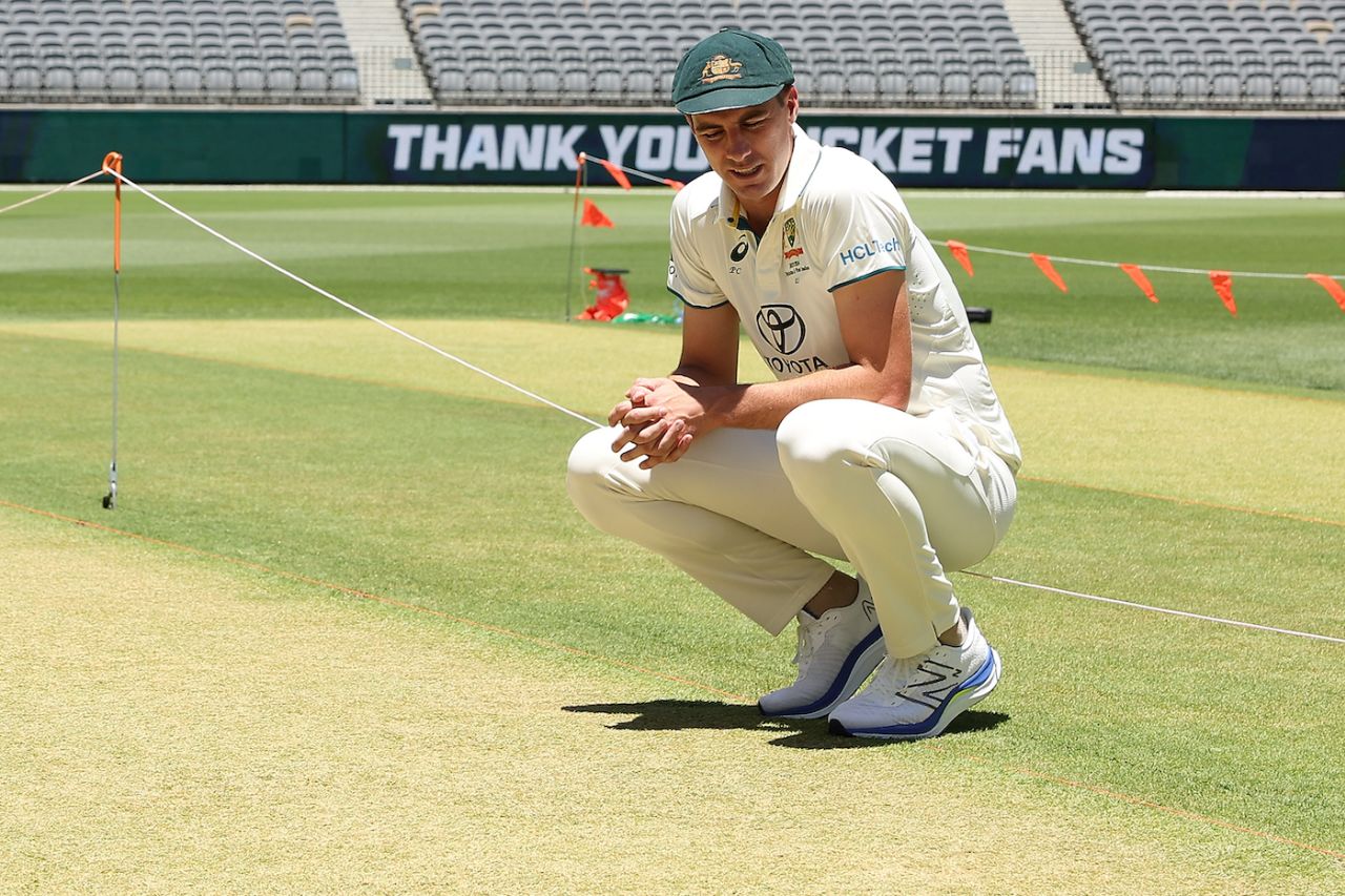Pat Cummins takes a look at the pitch on the eve of the first Test, Perth, December 13, 2023