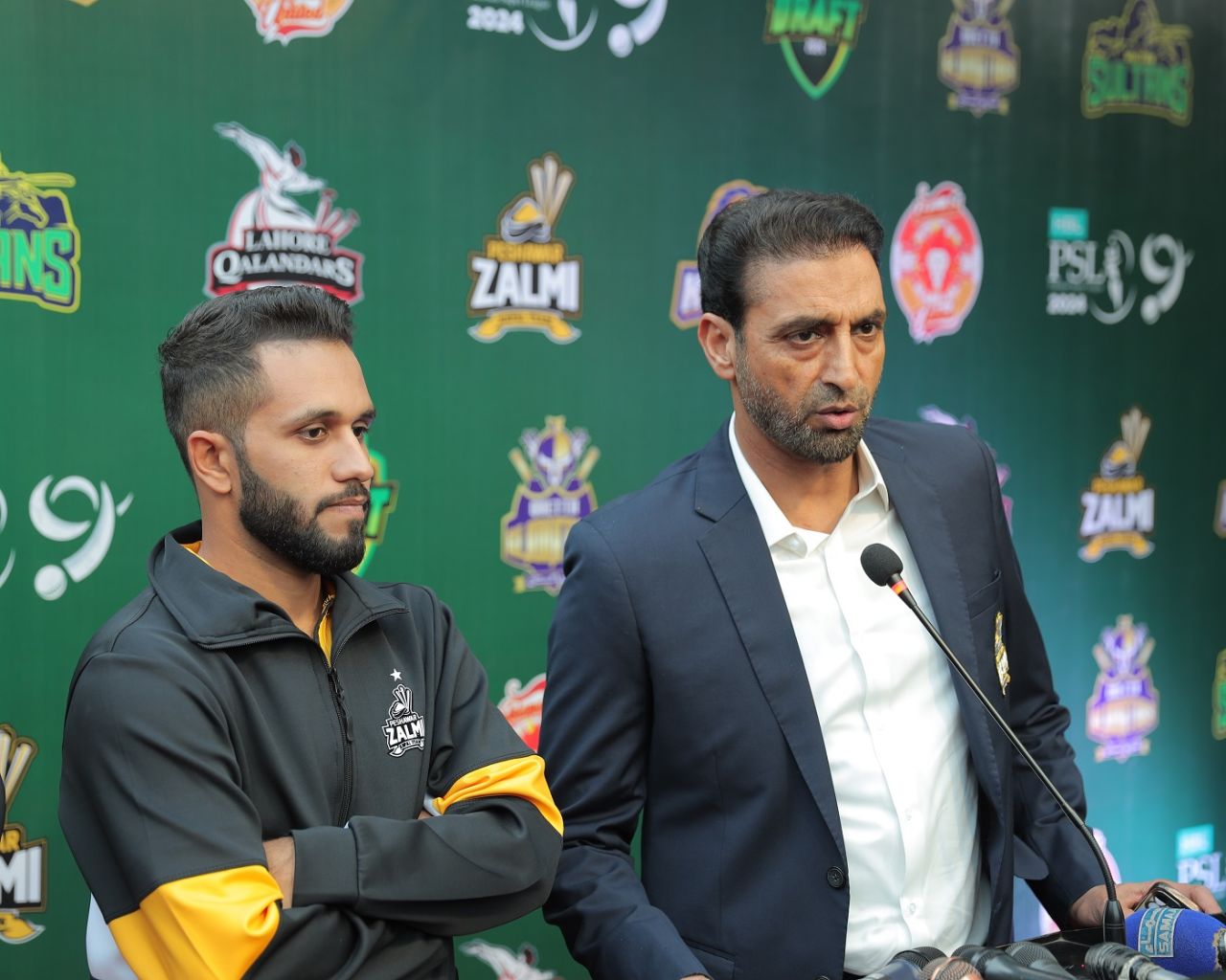Mohammad Akram and Mohammad Haris of Peshawar Zalmi talk to the media, Lahore, December 13, 2023