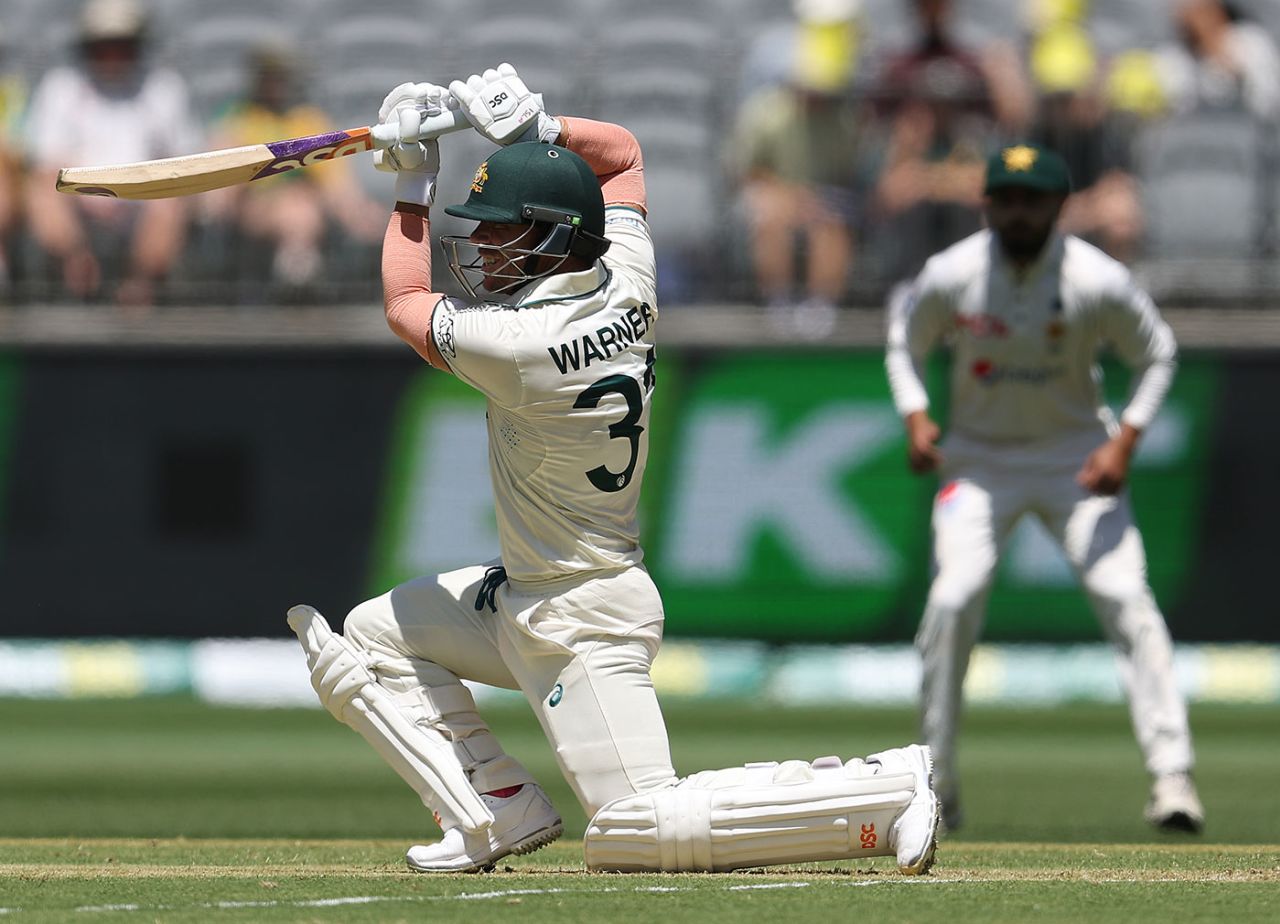 David Warner unfurls a drive, Australia vs Pakistan, 1st Test, Optus Stadium, December 14, 2023