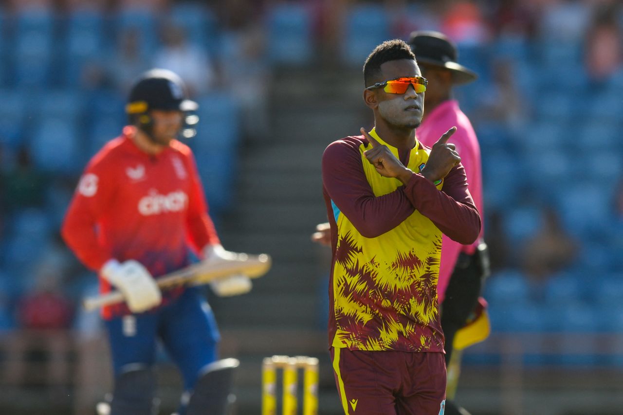 Akeal Hosein celebrates the wicket of Jos Buttler, West Indies vs England, 2nd T20I, Grenada, December 14, 2023