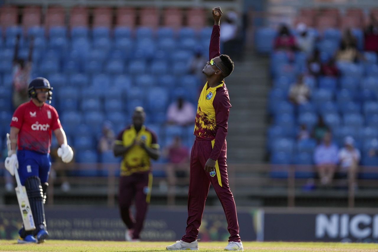 Akeal Hosein celebrates another wicket, West Indies vs England, 2nd T20I, Grenada, December 14, 2023