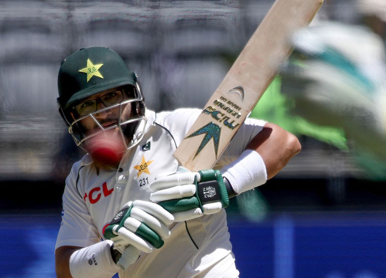 Eye on the ball: Imam-ul-Haq watches one go through, Australia vs Pakistan, 1st Test, Optus Stadium, 2nd day, December 15, 2023
