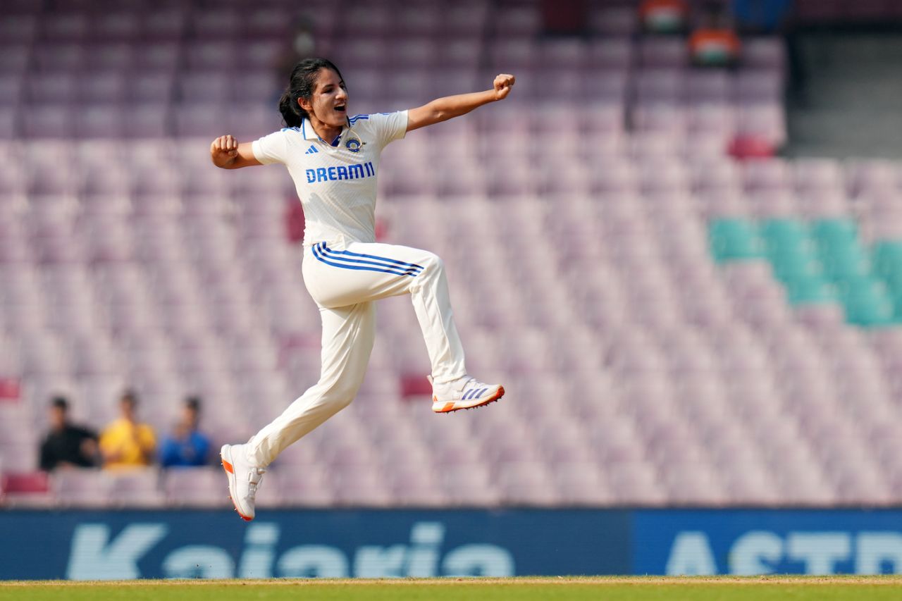 Renuka Thakur gave India their first wicket, again, India Women vs England Women, Only Test, DY Patil Stadium, Mumbai, 3rd day, December 16, 2023