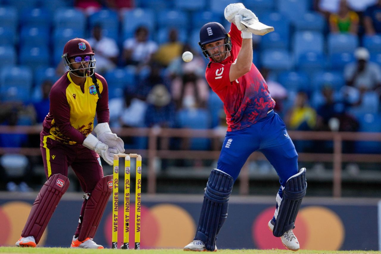 Phil Salt drives through the covers during the powerplay, West Indies vs England, 3rd T20I, Grenada, December 16, 2023
