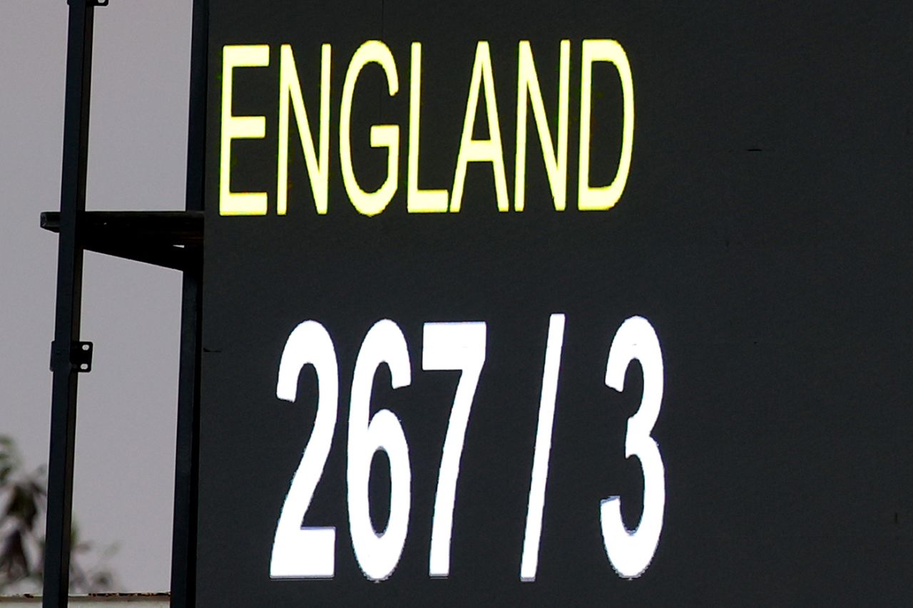 The scoreboard displays England's record total, West Indies vs England, 4th men's T20I, Brian Lara Cricket Academy, Tarouba, Trinidad, December 19, 2023
