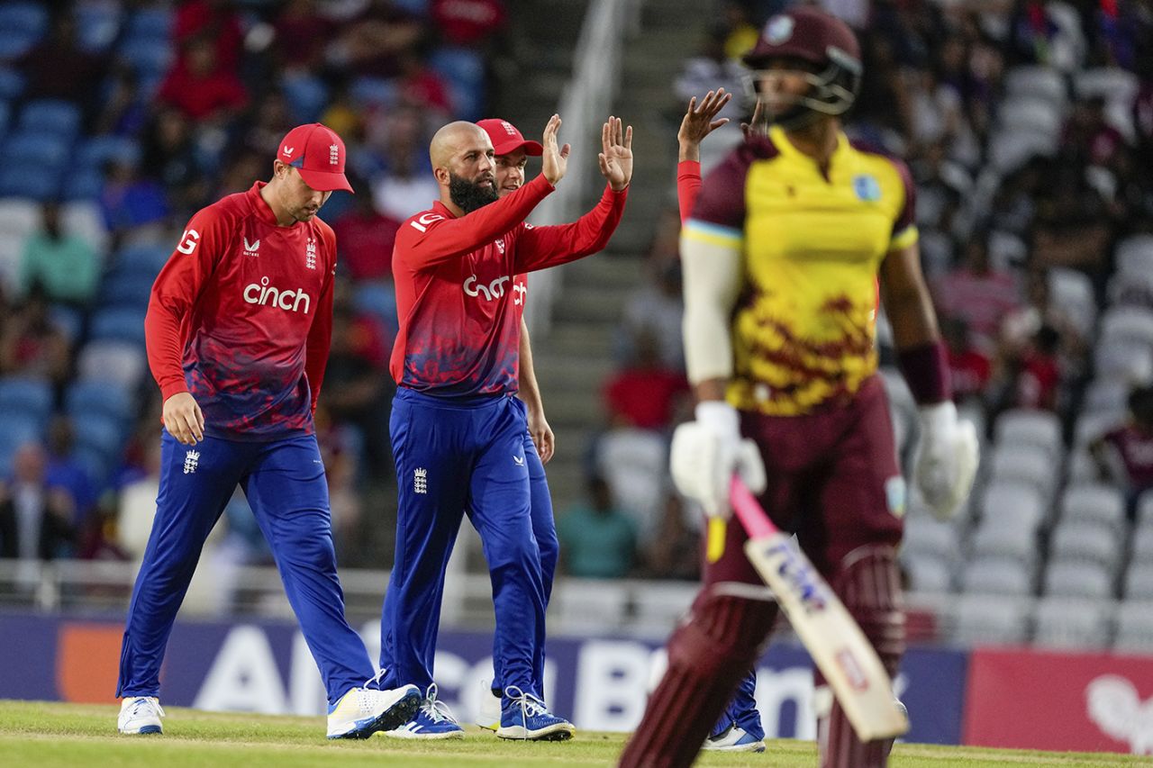 Moeen Ali removed Brandon King from the first ball of the innings, West Indies vs England, 4th men's T20I, Brian Lara Cricket Academy, Tarouba, Trinidad, December 19, 2023