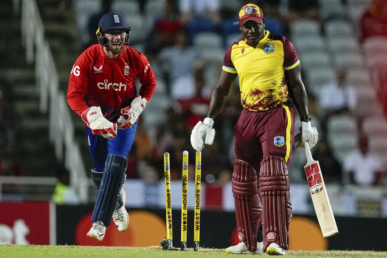 Rovman Powell was bowled by Adil Rashid, West Indies vs England, 4th men's T20I, Brian Lara Cricket Academy, Tarouba, Trinidad, December 19, 2023