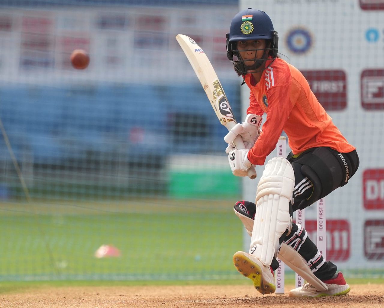 Jemimah Rodrigues watches the ball closely in the nets, Mumbai, December 20, 2023