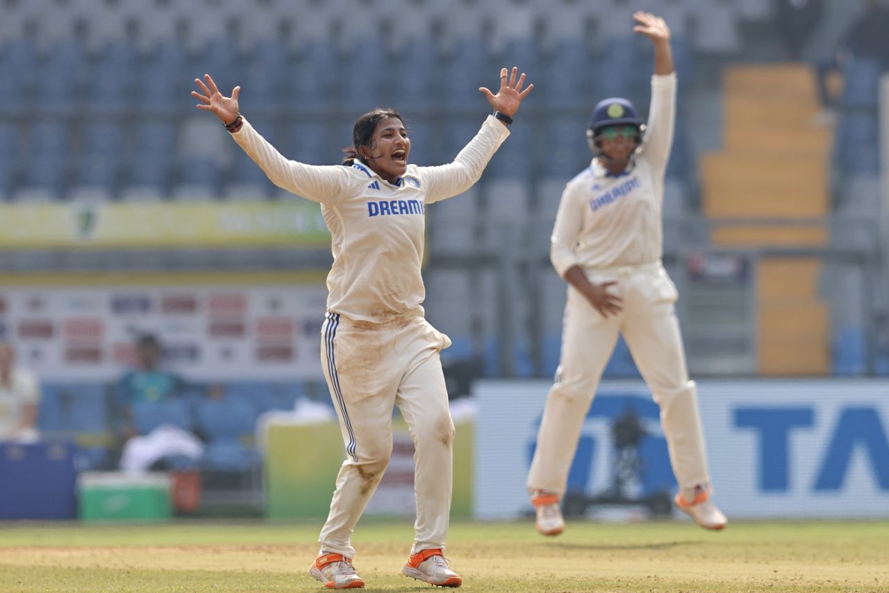 Sneh Rana appeals successfully for the wicket of Alana King, India vs Australia, Only Test, Wankhede Stadium, Mumbai, 1st day, December 21, 2023