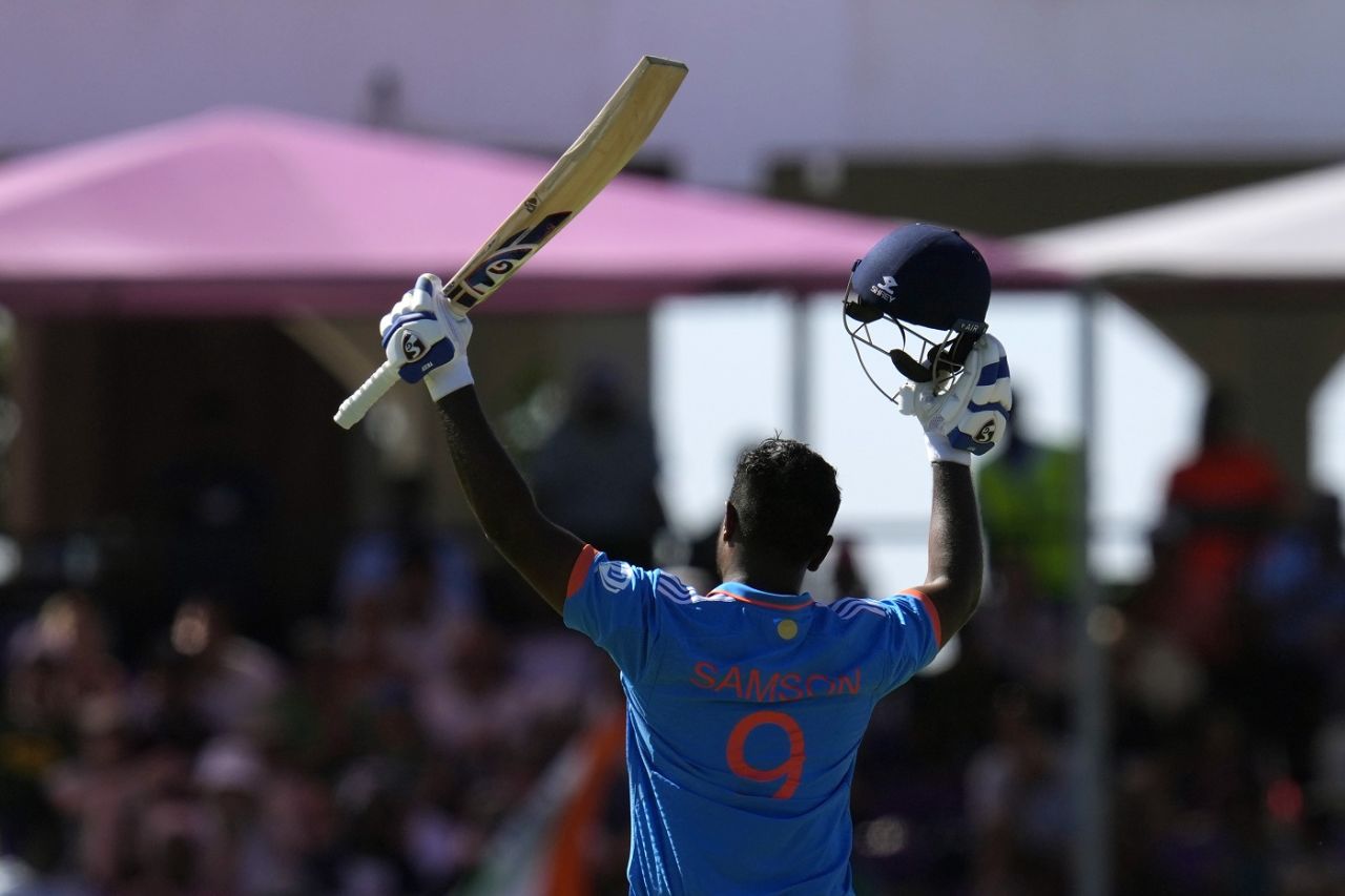 Sanju Samson celebrates his maiden international century, South Africa vs India, 3rd ODI, Paarl, December 21, 2023