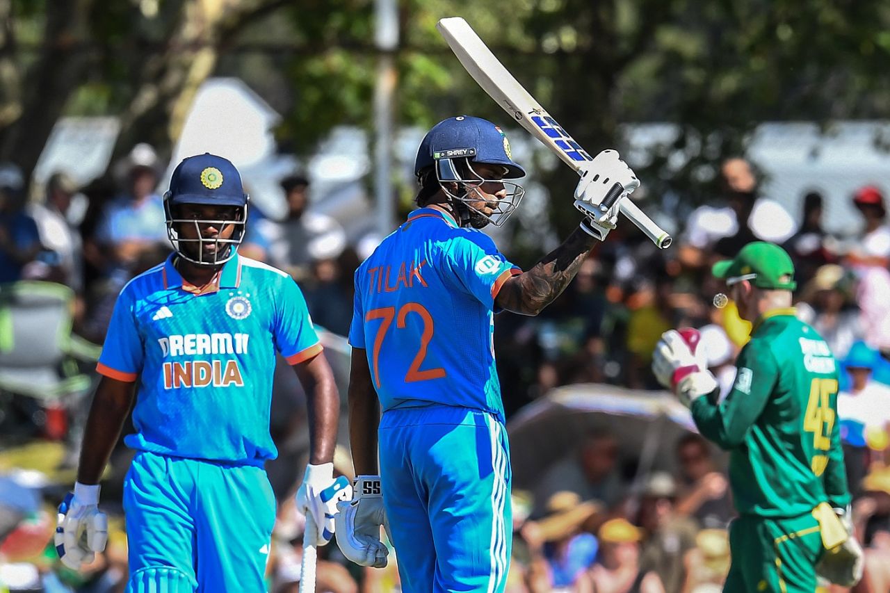 Tilak Varma celebrates his maiden ODI fifty, South Africa vs India, 3rd ODI, Paarl, December 21, 2023