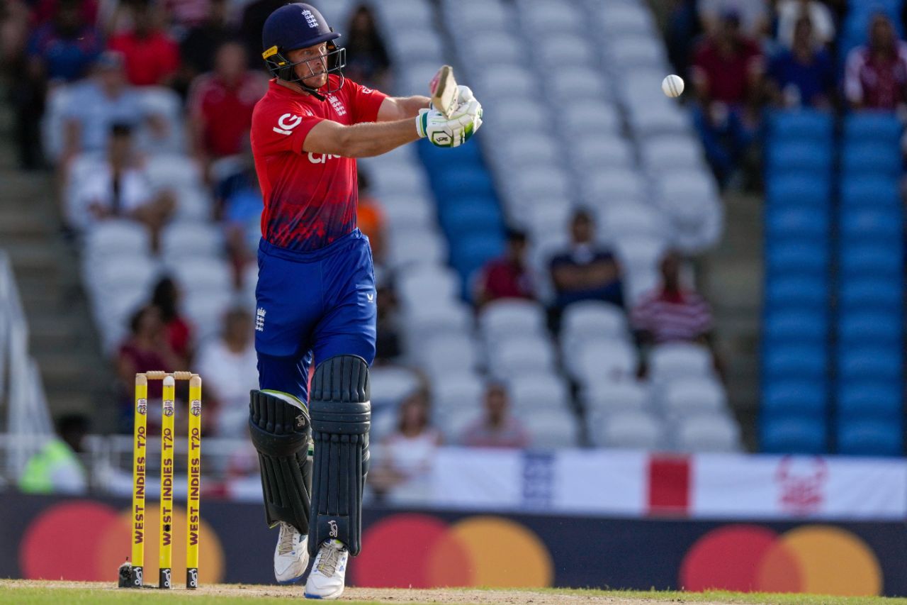 Jos Buttler pulls through the leg-side during the fifth T20I, West Indies vs England, 5th men's T20I, Brian Lara Cricket Academy, Tarouba, Trinidad, December 21, 2023