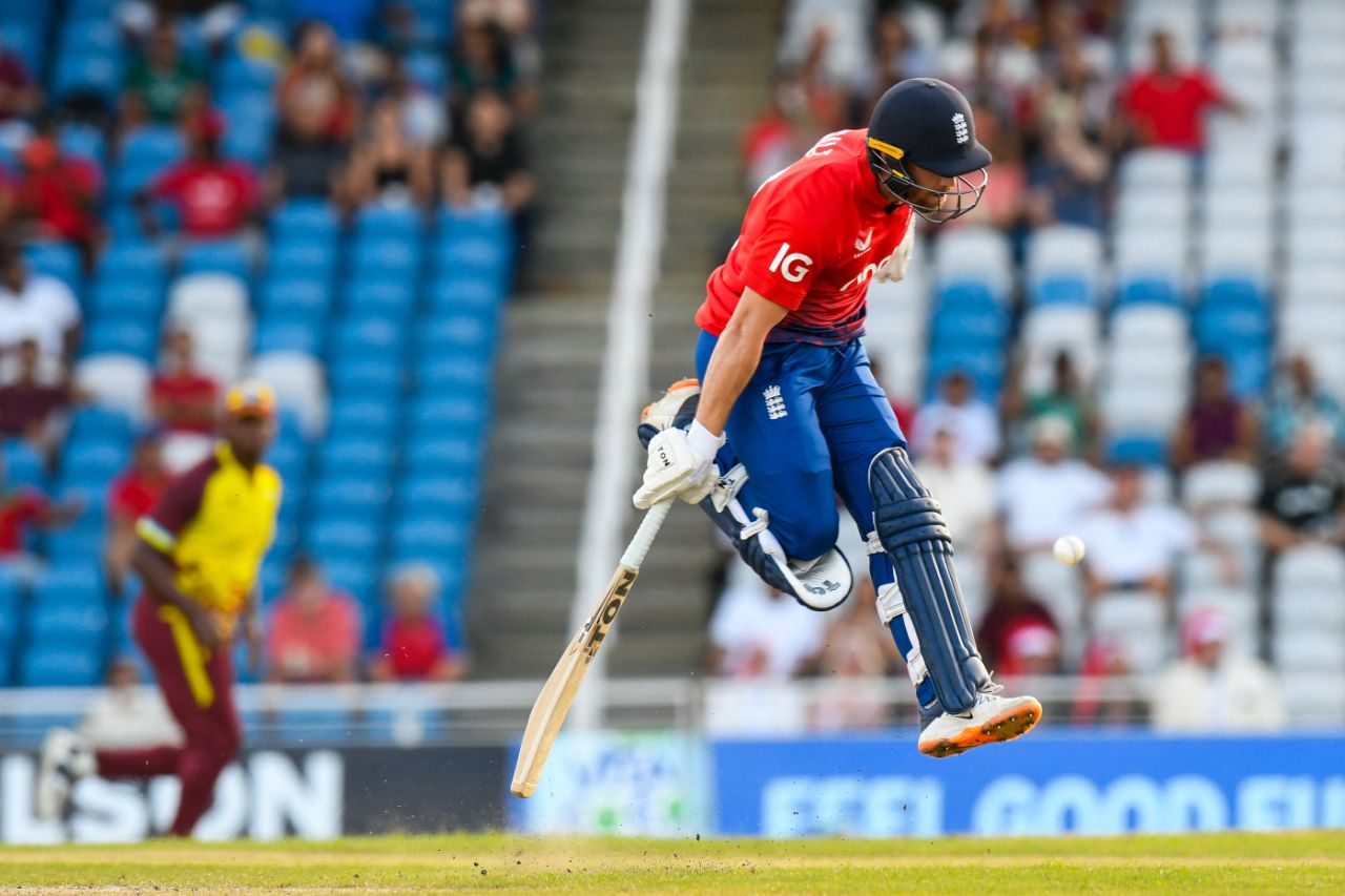 Phil Salt makes his ground during a tight single, West Indies vs England, 5th men's T20I, Brian Lara Cricket Academy, Tarouba, Trinidad, December 21, 2023