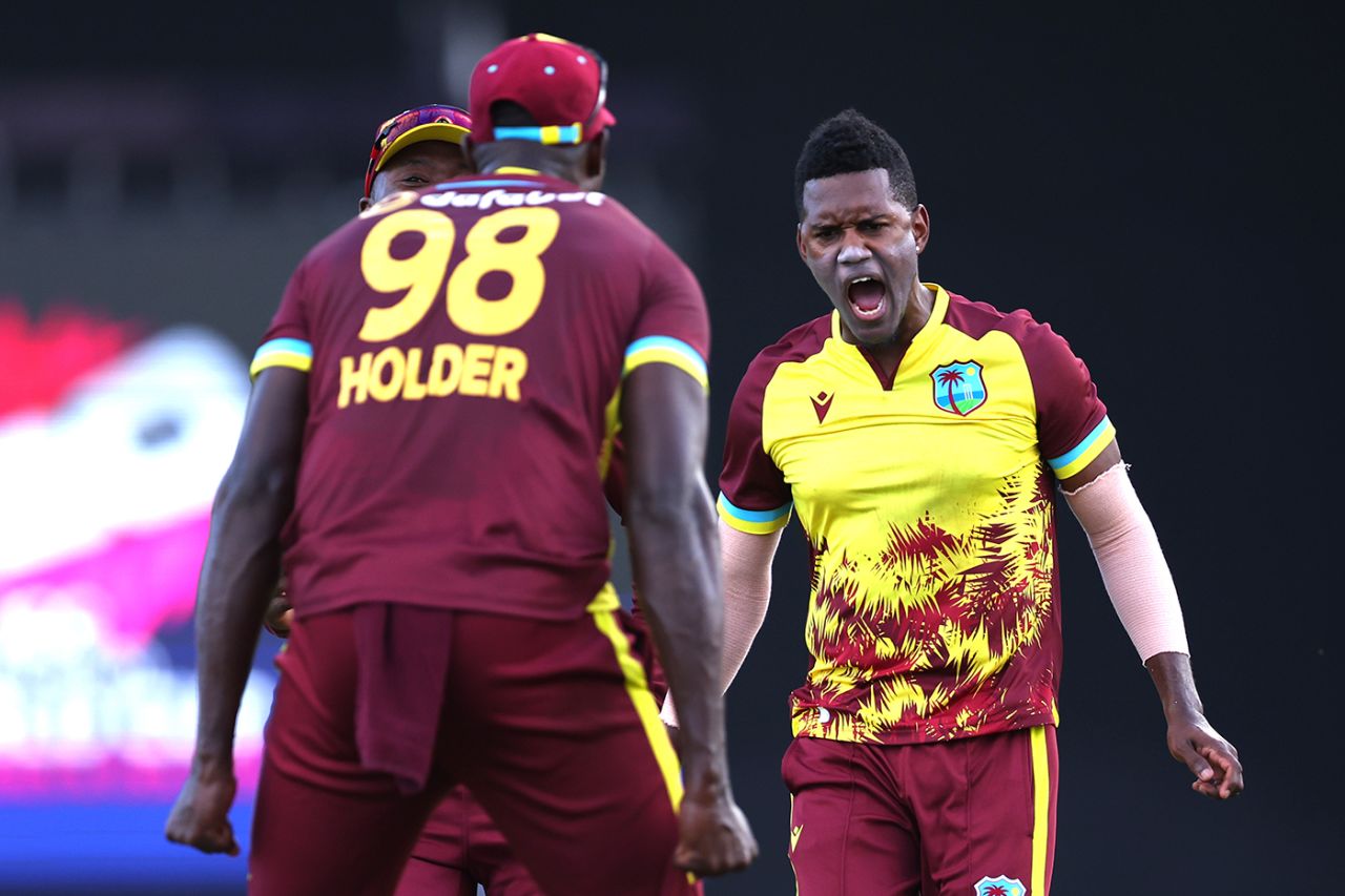 Akeal Hosein celebrates the wicket of Will Jacks, West Indies vs England, 5th men's T20I, Brian Lara Cricket Academy, Tarouba, Trinidad, December 21, 2023