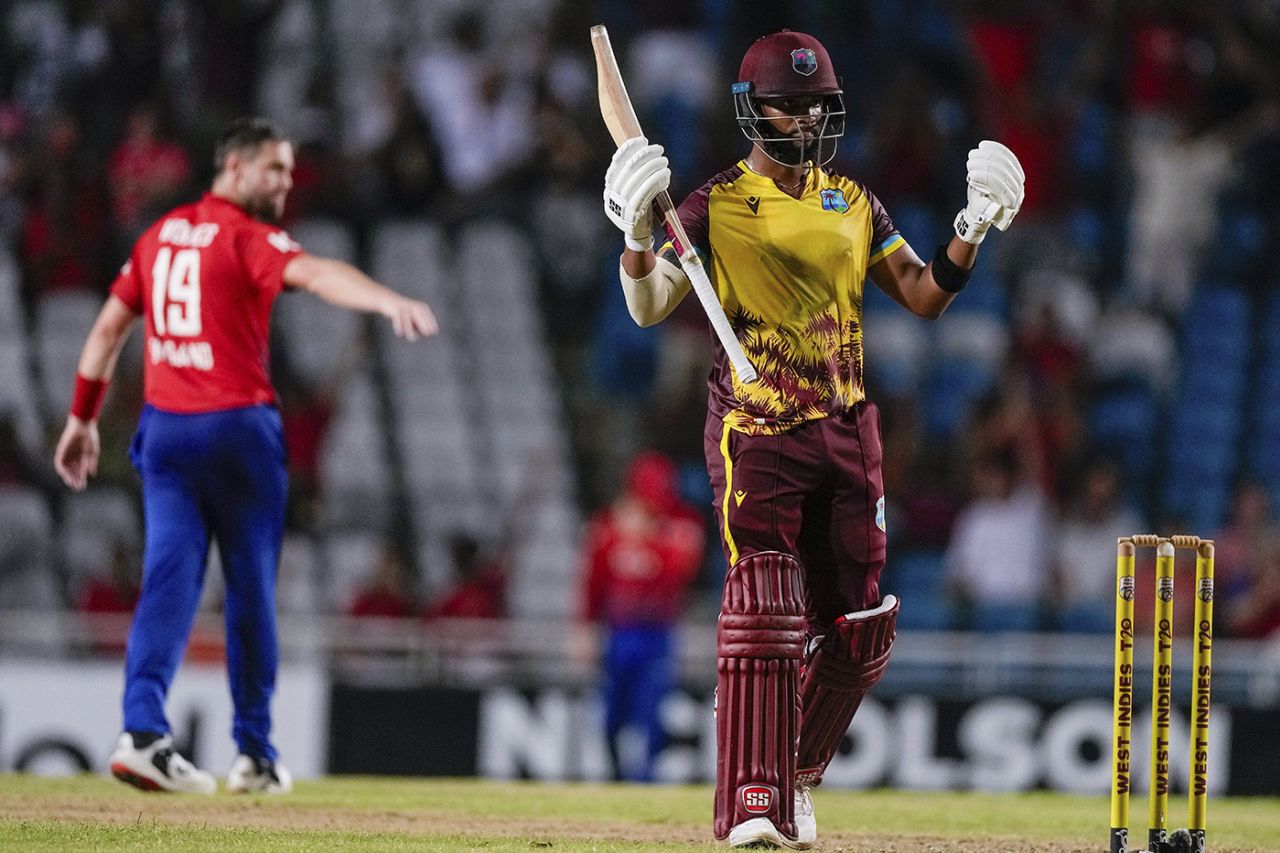 Shai Hope finished the game with a six, West Indies vs England, 5th men's T20I, Brian Lara Cricket Academy, Tarouba, Trinidad, December 21, 2023