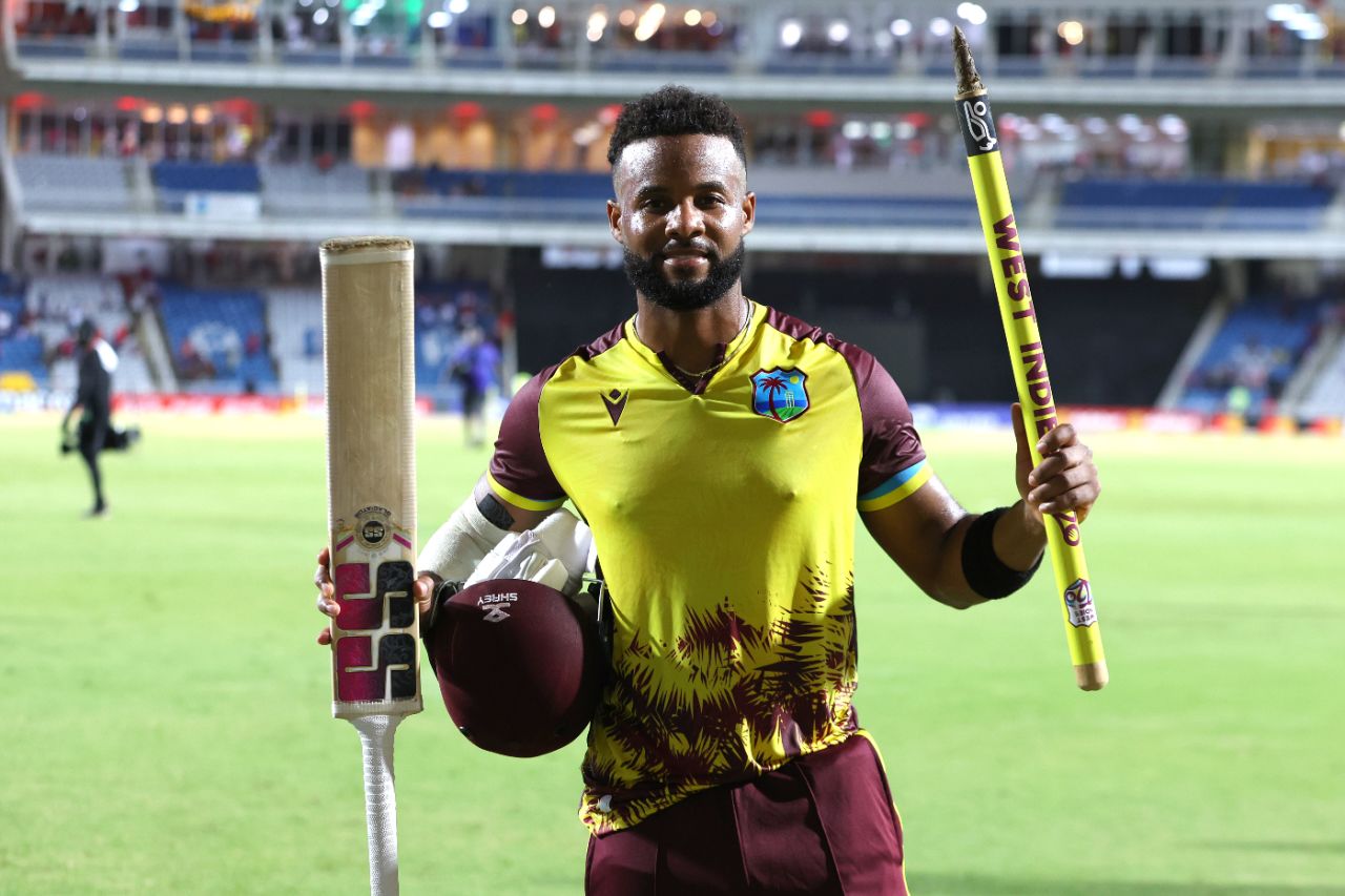 Shai Hope celebrates after sealing the T20I series 3-2, West Indies vs England, 5th men's T20I, Brian Lara Cricket Academy, Tarouba, Trinidad, December 21, 2023