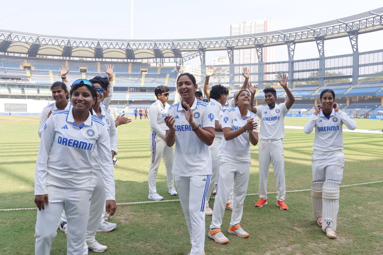 Harmanpreet Kaur leads India's celebrations after the historic win, India vs Australia, only women's Test, Mumbai, 4th day, December 24, 2023