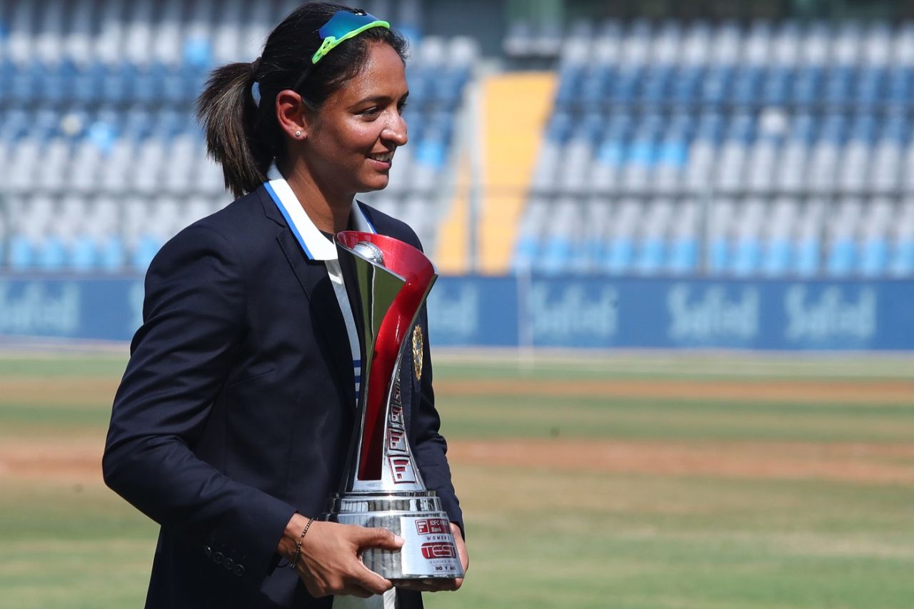 That winning feel - Captain Harmanpreet Kaur poses with the winner's trophy, India vs Australia, only women's Test, Mumbai, 4th day, December 24, 2023