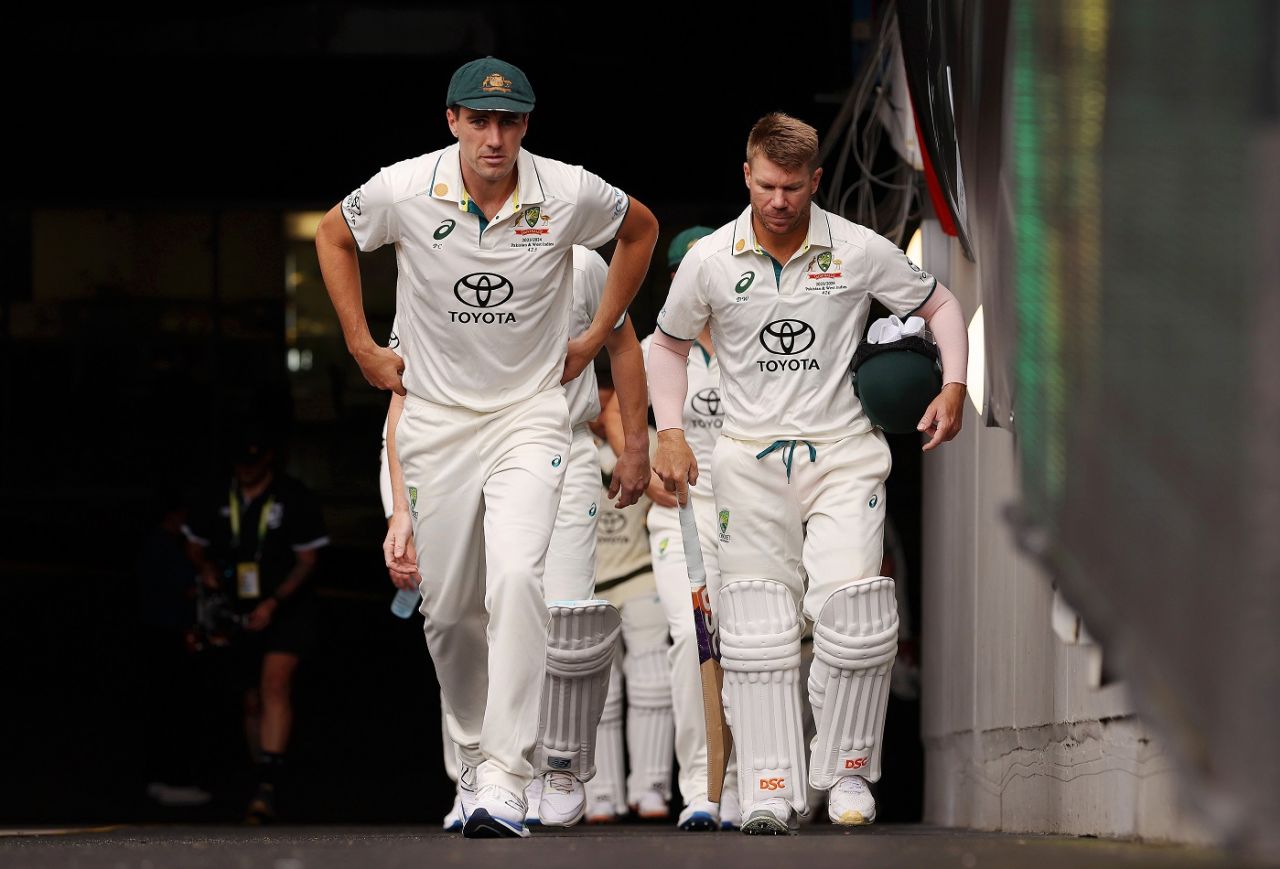 Pat Cummins and David Warner lead Australia out to the national anthems, Australia vs Pakistan, 2nd Test, day one, Melbourne, December 26, 2023