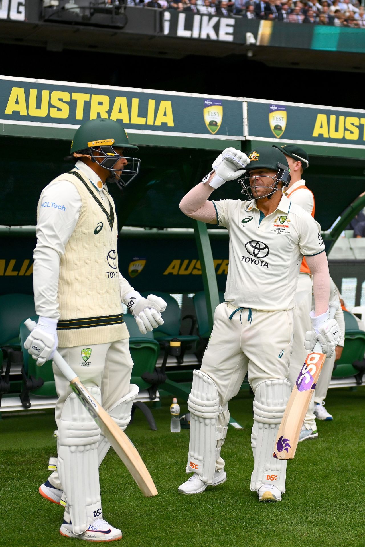 Usman Khawaja and David Warner get ready to walk out to open the batting, Australia vs Pakistan, 2nd Test, day one, Melbourne, December 26, 2023